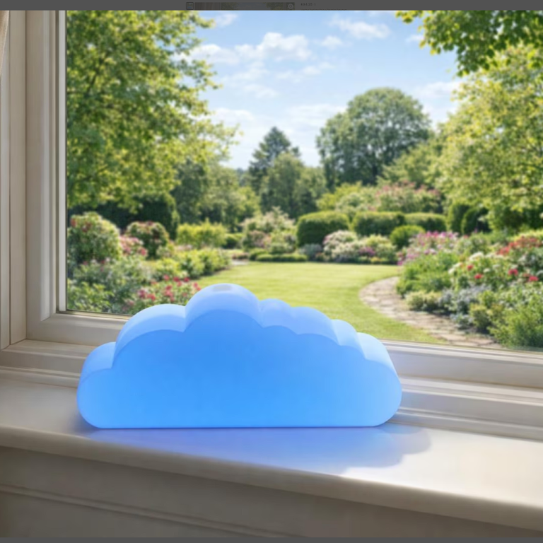 Weather cloud A soft blue cloud-shaped lamp on a windowsill, overlooking a sunny garden.